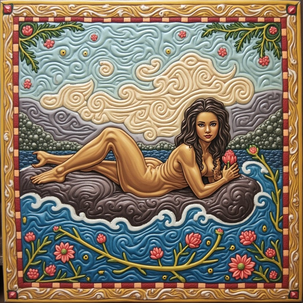 This artwork showcases a serene scene of a woman reclining gracefully on a rock amidst tranquil waters. She is depicted nude, which emphasizes natural beauty and connection to nature. The background features stylized clouds and lush greenery, creating a peaceful atmosphere. The water is vividly colored, inviting viewers to imagine the relaxation of the scene. Soft lighting highlights the subject's features, making the entire composition feel harmonious and inviting.