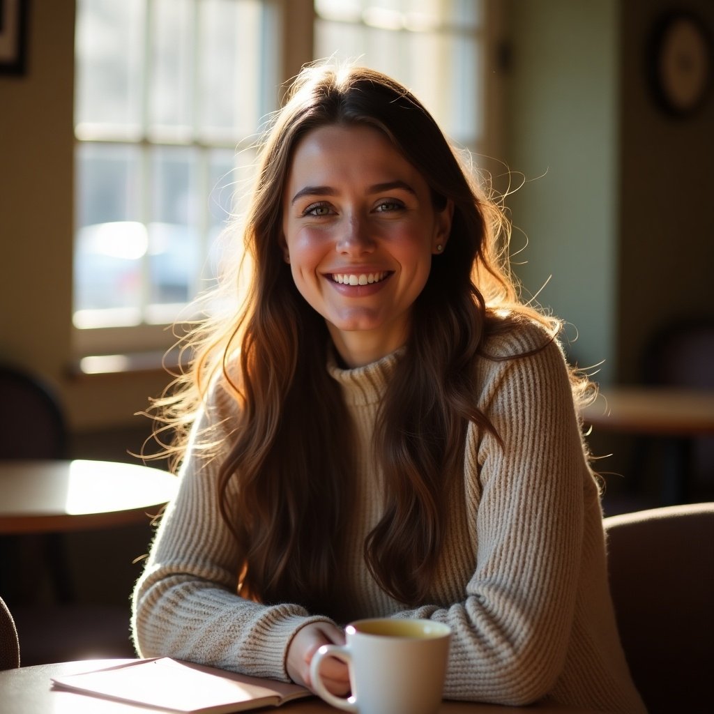 This image captures a young woman sitting comfortably at a coffee shop. She has long, flowing hair and is wearing a cozy cream-colored sweater. The warm sunlight illuminates her face, highlighting her bright smile. In her hands, she holds a white coffee cup, exuding a sense of warmth and comfort. The background features soft, blurred outlines of cafe furniture, creating a cozy, inviting atmosphere for relaxation and conversation.