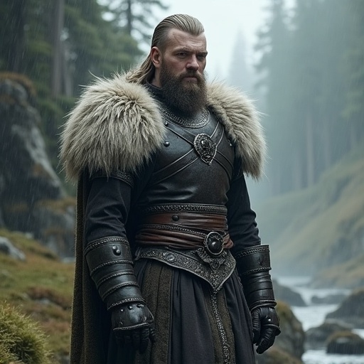 A Norse-inspired figure stands in a lush forest. Fur-lined cloak and intricate armor illustrate strength. Mystical atmosphere hints at mythology and ancient tales.