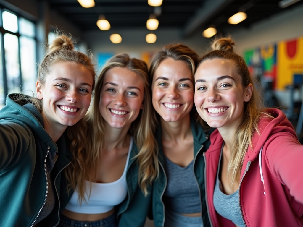 Four young women taking a selfie in a bright indoor setting, wearing casual athletic clothing, and smiling broadly.