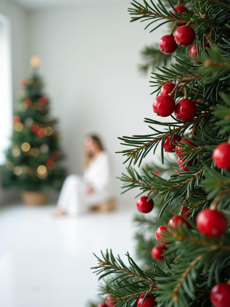 The image features a close-up of vibrant red berries on a green Christmas tree, with a blurred background showing another decorated tree and a person in white sitting on a stool.