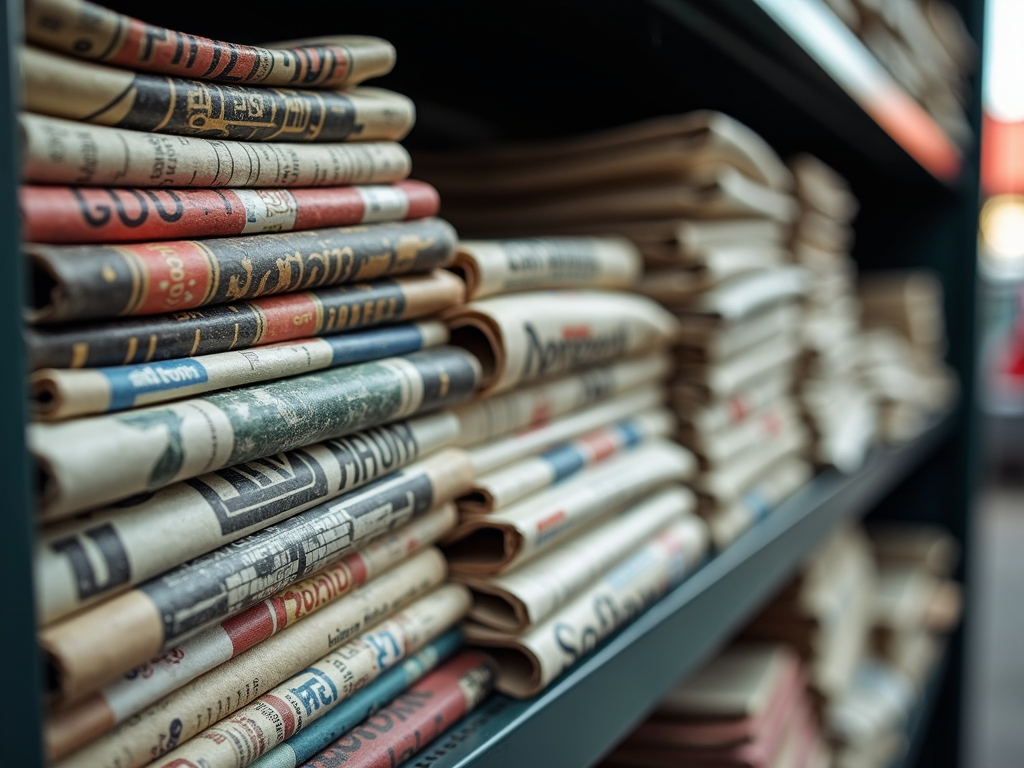 The image shows neatly organized stacks of vintage newspapers on shelves, displaying varied colored prints and visible aged textures.