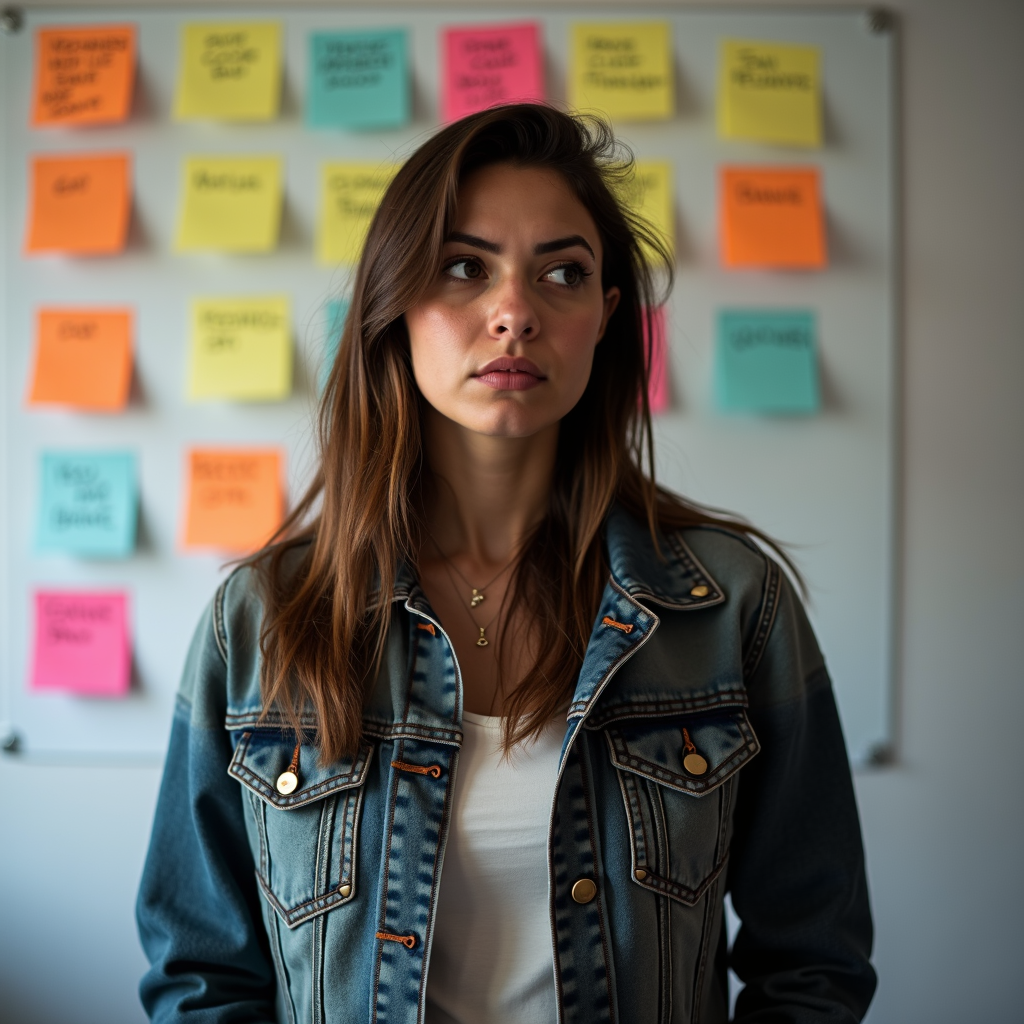 A person in a denim jacket stands in front of a board filled with colorful sticky notes.