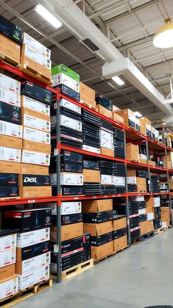 Stacks of electronics and TV boxes are organized on shelves in a warehouse setting.