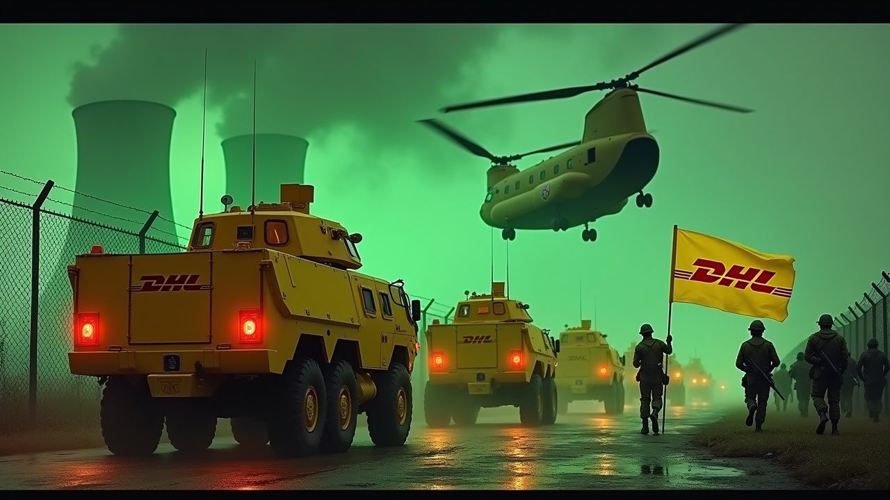 In this dramatic scene, yellow armored vehicles with the DHL logo approach a fence. Soldiers are marching, holding rifles and a flag featuring the DHL logo. The background reveals glowing green smokestacks from a nuclear power plant. A large Chinook cargo helicopter flies overhead, also showing the DHL logo. The overall ambiance is intense and dramatic, marked by the green lighting and military presence. At the bottom, the DHL logo stands out prominently.