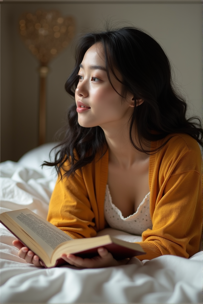 A woman in a mustard sweater lies in bed, holding an open book, gazing contemplatively to the side.