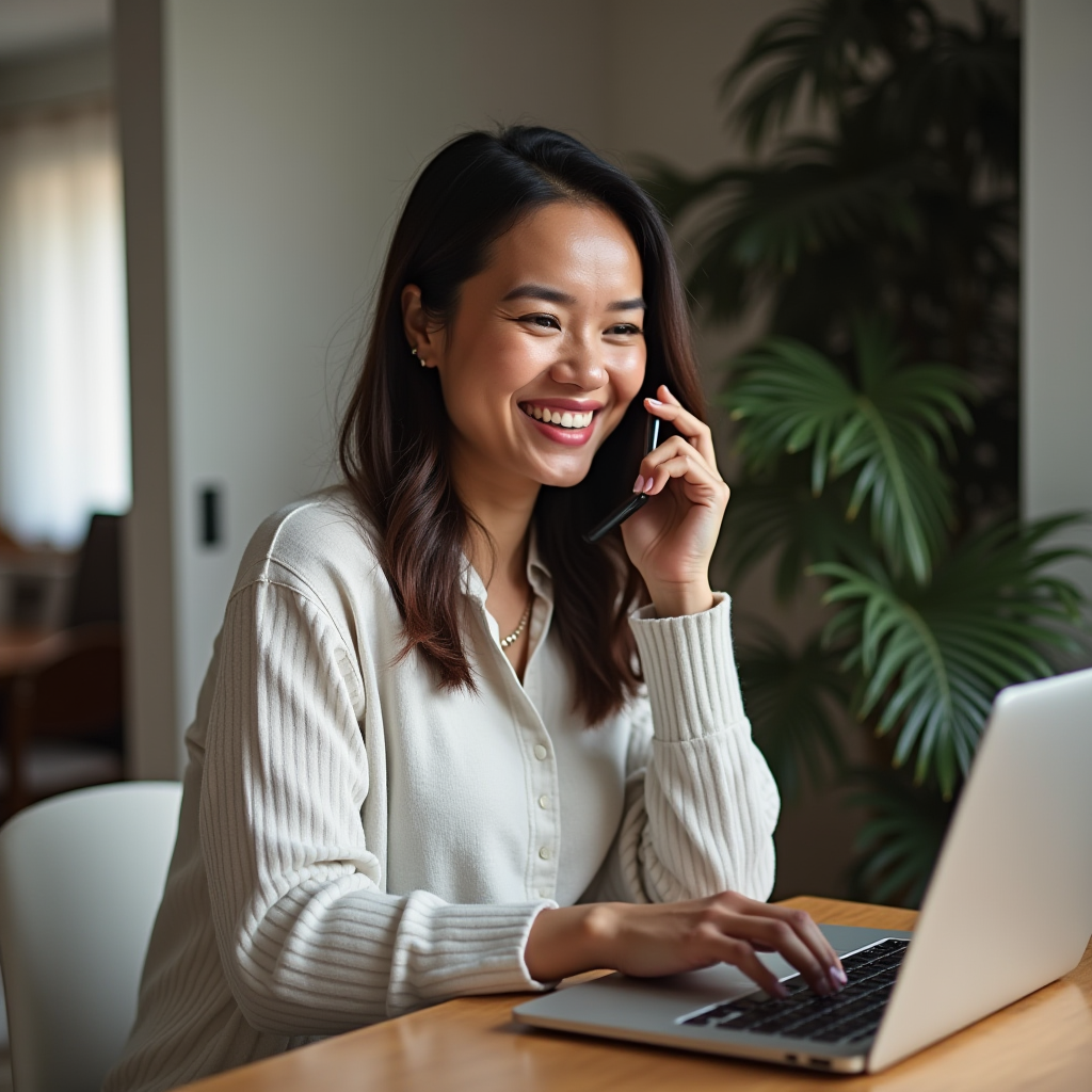 A woman smiles as she talks on her phone while using a laptop in a cozy setting.