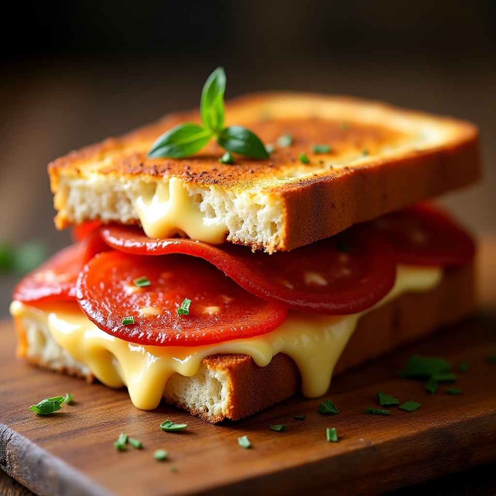 A close-up photograph of a delicious pepperoni and cheese toast sandwich sitting on a wooden board. The sandwich features layers of melted cheese and fresh tomato slices between two golden-brown pieces of toast. Garnished with fresh basil leaves and chopped herbs for added color. The warm lighting accentuates the sandwich's texture and flavors. Perfect for food lovers and culinary enthusiasts alike.