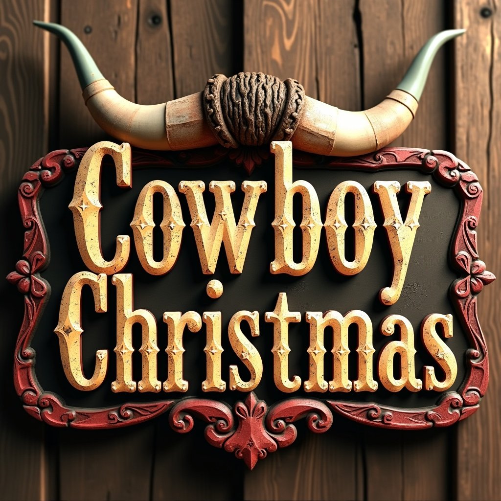 Image of a sign that reads 'Cowboy Christmas'. Features a rustic wooden background. The letters are bold and distressed with golden and red outlines. A long horn is at the top of the sign.