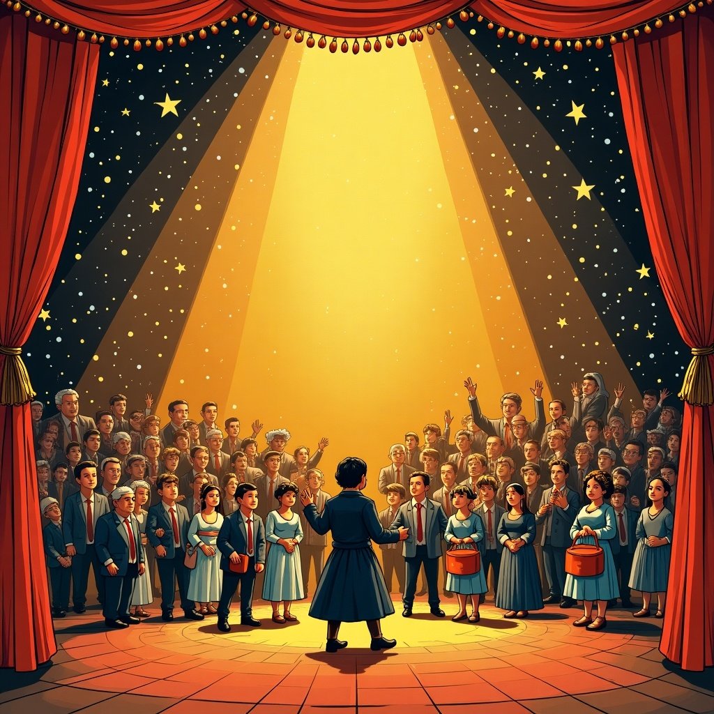 The illustration showcases a theatrical festival atmosphere with a central figure on stage. A diverse audience stands in admiration. Bright spotlights illuminate the stage creating a dramatic ambiance. The scene is vibrant and full of excitement.