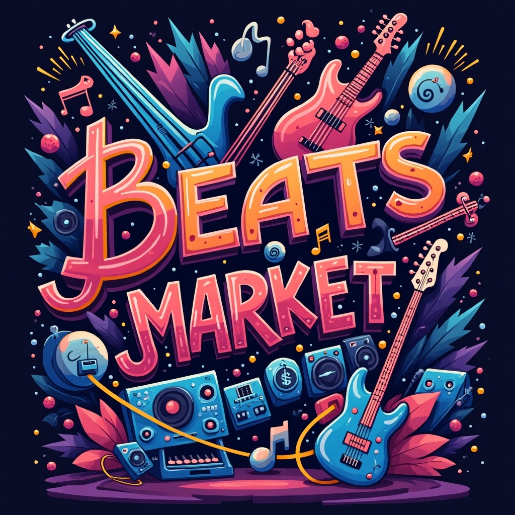 An illustration for a Beats Market site featuring musical instruments like guitars, colorful text saying 'Beats Market', and various audio equipment. Bright and bold design elements with a playful theme.