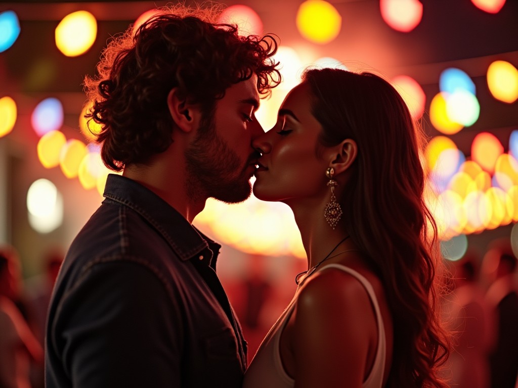 This image captures a tender moment shared between two people on the brink of a kiss. They are enveloped by the glow of colorful string lights, creating a festive and romantic atmosphere. The blurred backdrop enhances the intimacy of the scene while focusing attention on the couple. The warm, soft tones of the lights supplement the feelings of love and connection. It’s a beautiful representation of romance that could appeal to various contexts.