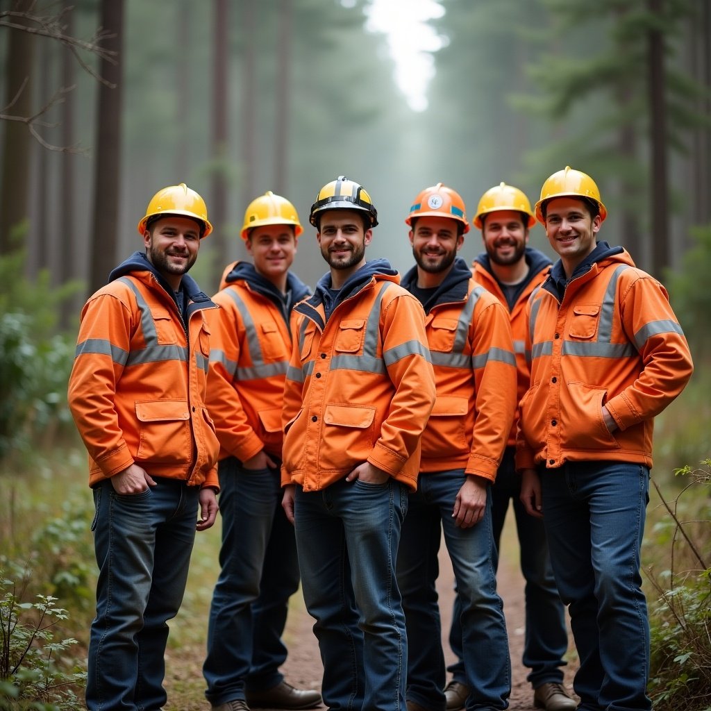 Portrait of a group of forestry apprentices in safety gear. They wear orange jackets and helmets, standing together in a forest setting with trees in the background.