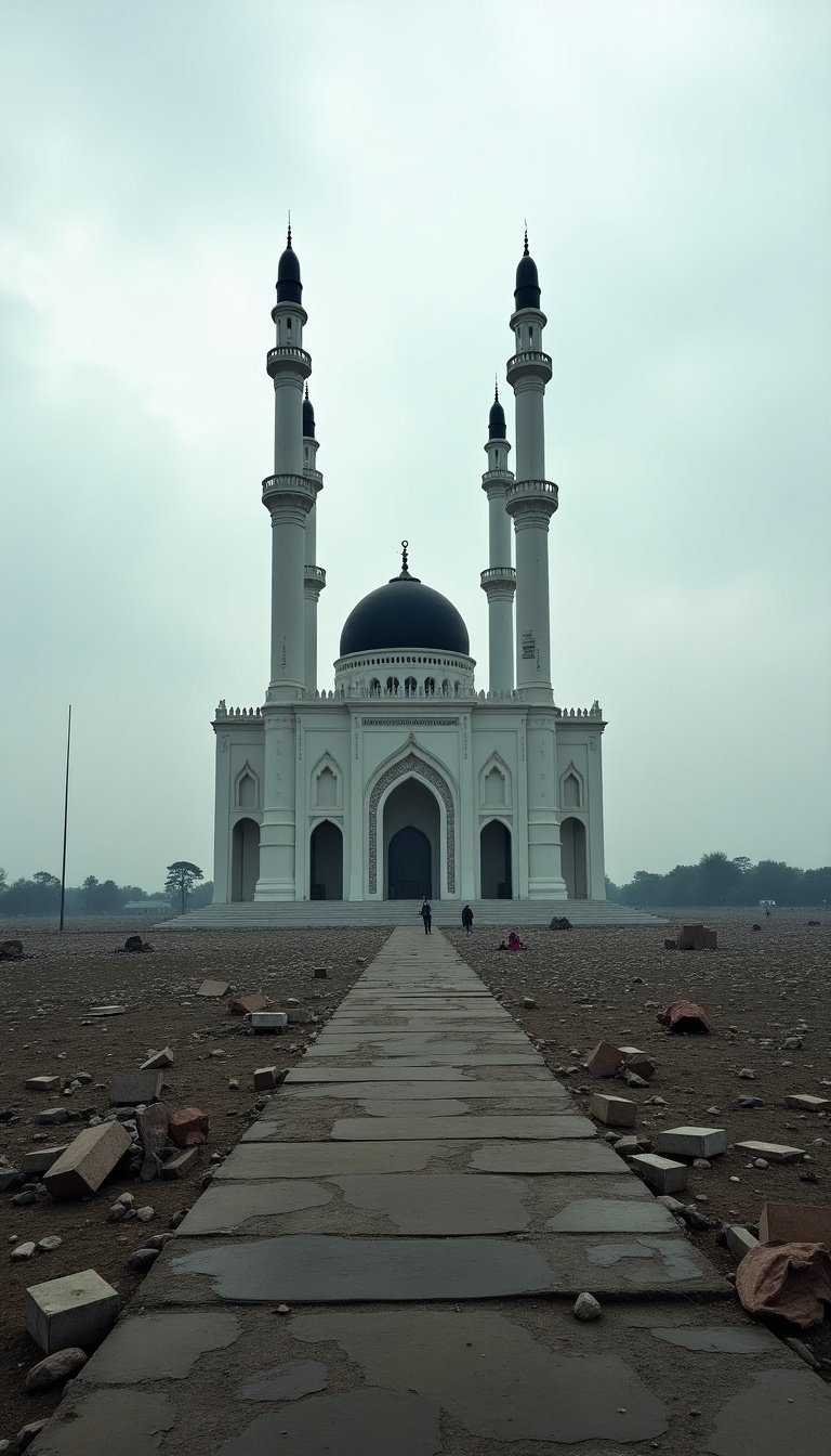 Standing image of Baiturrahman Grand Mosque in Banda Aceh Indonesia. An enormous and majestic structure with twin black domes. Scene depicts devastation from the 2004 tsunami. Mosque stands tall in a desolate area. Symbolizes hope, resilience, and faith amid destruction.