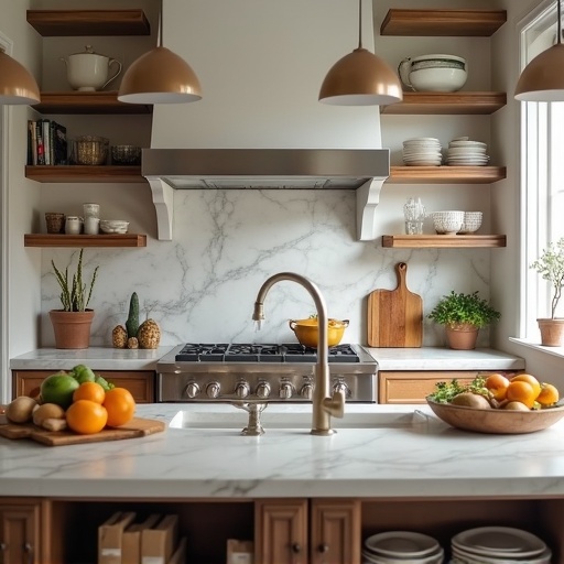 A modern kitchen interior featuring marble countertops and wooden shelves. Equipped with a stainless steel range hood and flattering pendant lights. Fresh fruits are displayed on the island. Natural light brightens the space, showcasing a neat and inviting cooking environment.