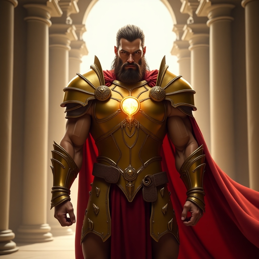 Image features a powerful warrior in golden armor with a red cape. The warrior stands in a grand architectural setting. A mystical light highlights armor details and a glowing gem on the chest. Tall columns rise in the background, enhancing the epic atmosphere. The scene evokes themes of fantasy and adventure.