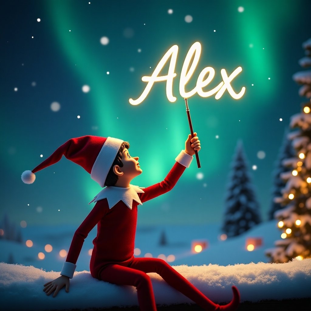 Elf on the shelf sits with back to viewer. Facing sky. Using wand to write names in the sky. Magical Christmas background. Northern lights. Santa visible. Name Alex elegantly written in air.