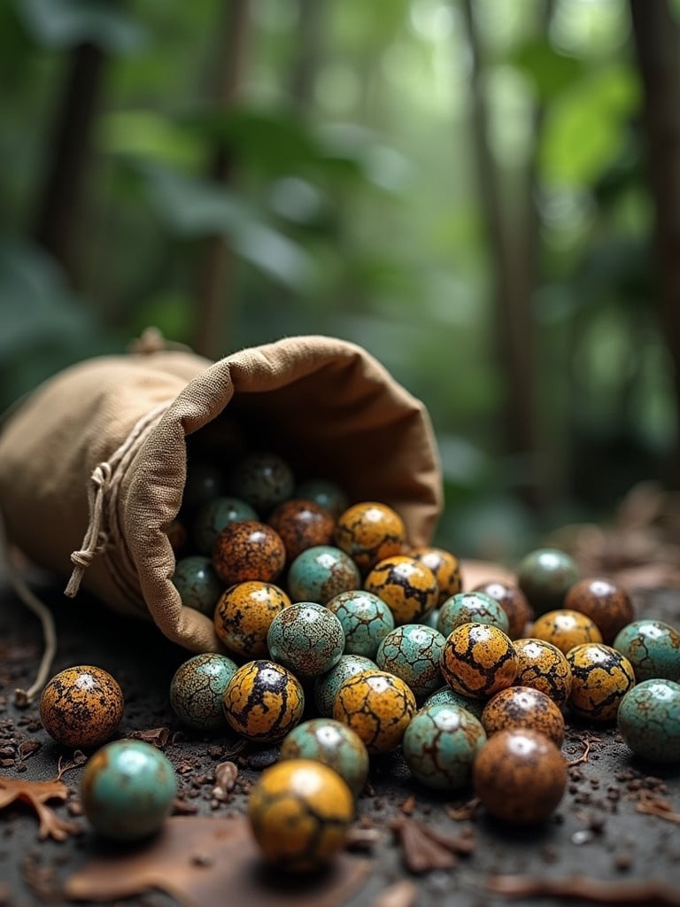 Hyper-realistic marbles made of snakeskin and wood inlay spill from a natural sack on the forest floor. Background shows lush greenery typical of the Amazon jungle.