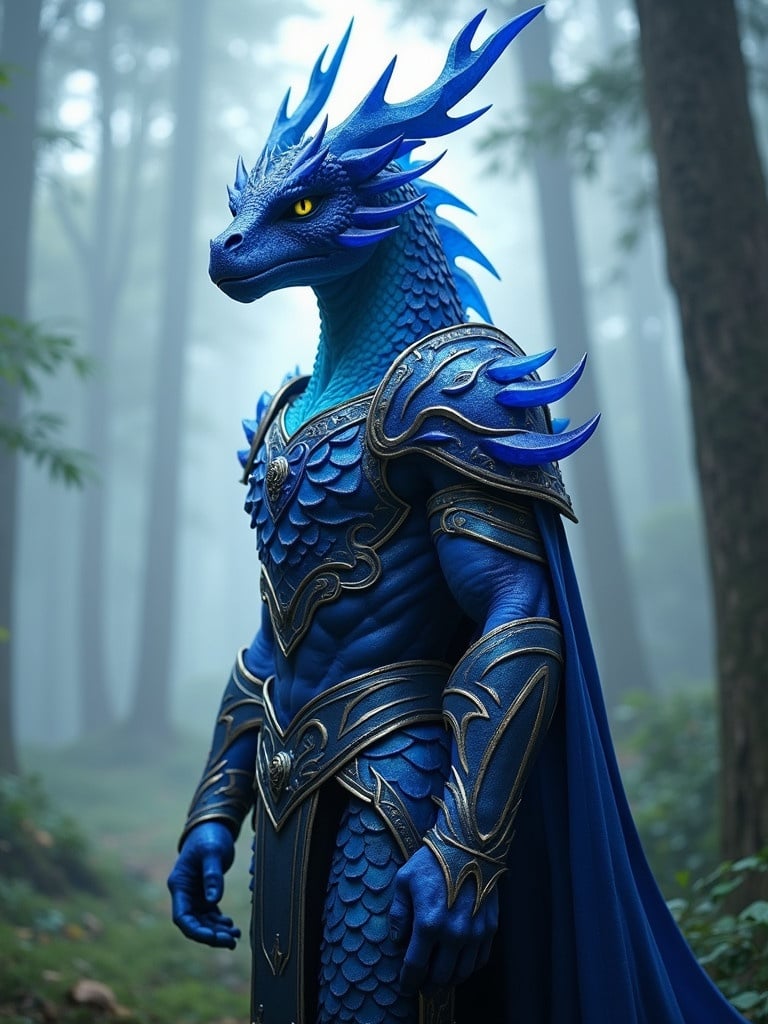 A male Gem Dragonborn character stands in a misty forest. Character has half sapphire, half crystal appearance. Armor features elegant designs and scales. Background is lush with trees and soft fog.