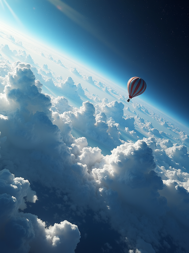 A hot air balloon floats over a vast expanse of cloud formations beneath the curve of the Earth, with a deep, starry sky above.