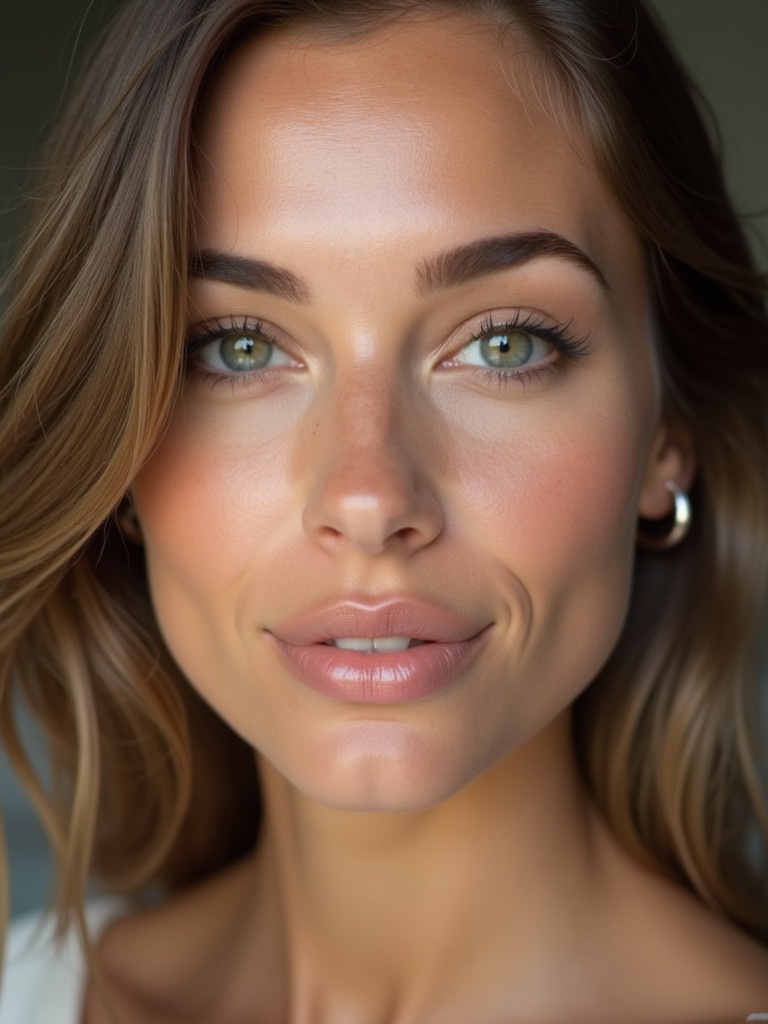 Closeup portrait of a beautiful woman. The image features a soft focus on the upper body. The lighting gives a warm tone. The background is gently blurred, emphasizing the subject's features.