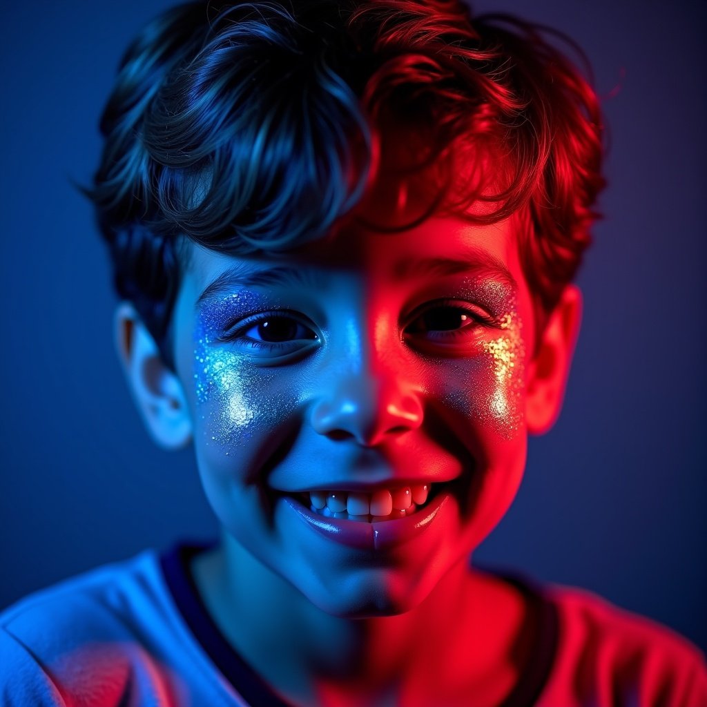 A boy with glittering makeup illuminated by vibrant blue and red lighting. The image features a young person with stylish, wavy hair and a confident smile, created with natural light. It is perfect for engaging viewers.