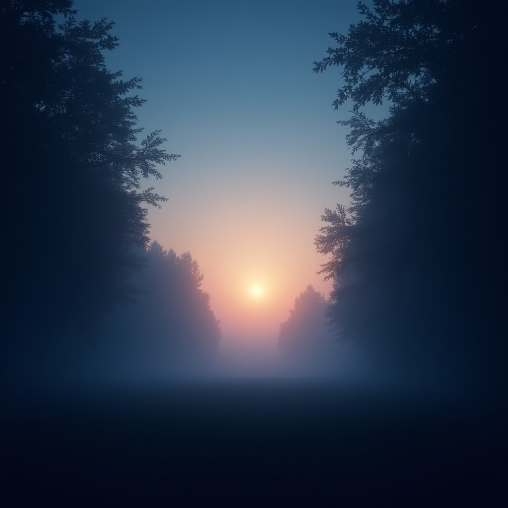 A serene and misty forest scene with tall trees representing a path. The sun is rising on the horizon casting a gentle light through the fog. The atmosphere is filled with hope despite the surrounding darkness.