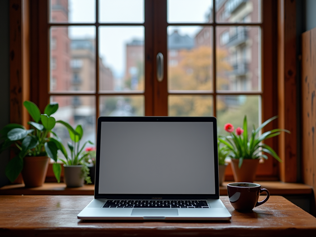 A laptop on a wooden desk is set against a window view with blurred city buildings and autumn foliage, accompanied by a cup of coffee and green potted plants.