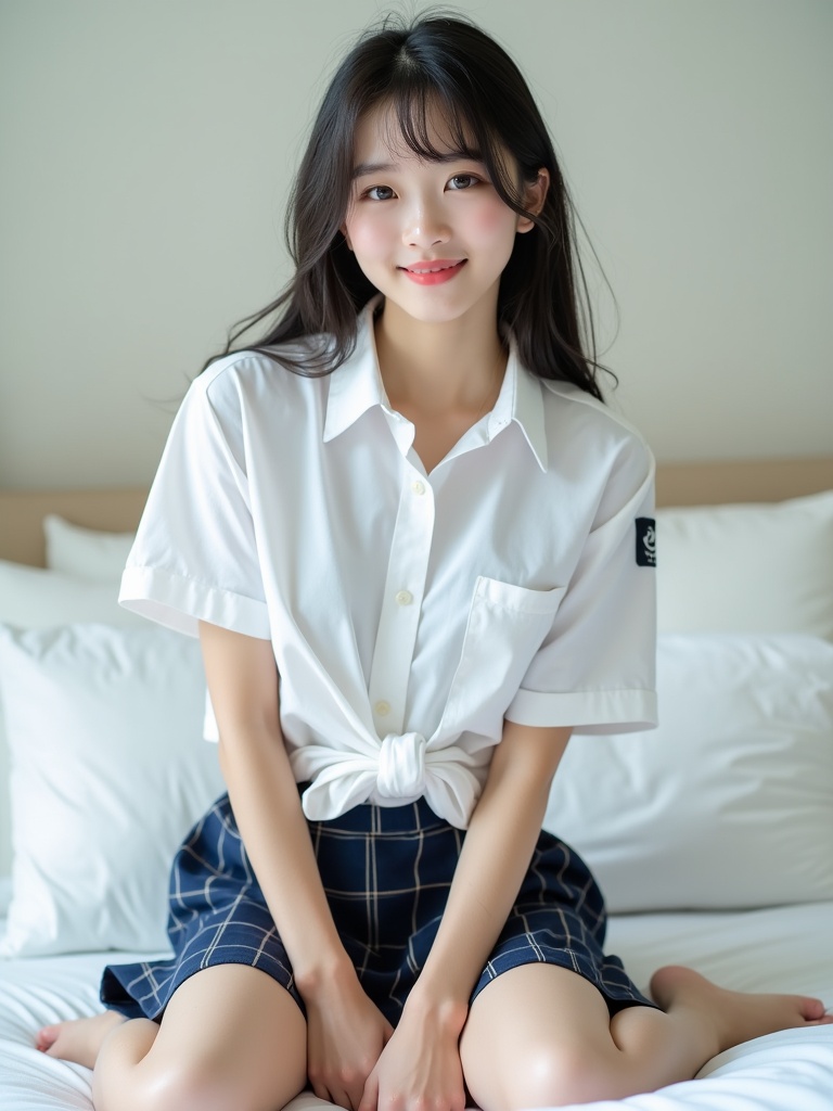 A young person is seated comfortably on a bed, wearing a white shirt and a plaid skirt. Their gentle smile and relaxed posture convey a sense of calm and contentment. Soft, natural lighting enhances the serene atmosphere, creating an inviting and peaceful setting.