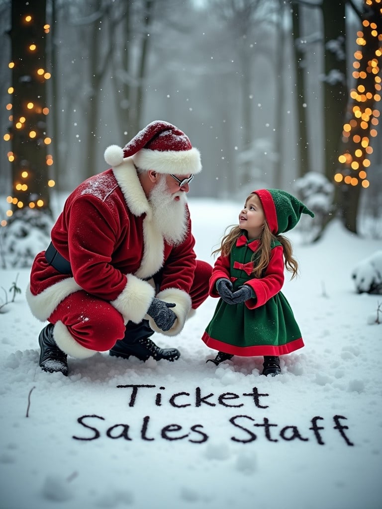 Snowy woodland area scene with Santa Claus and a girl as an elf writing Ticket Sales Staff in snow. They both wear festive outfits. The atmosphere is filled with snowflakes and warm light from trees. Christmas decorations enhance the festive mood.