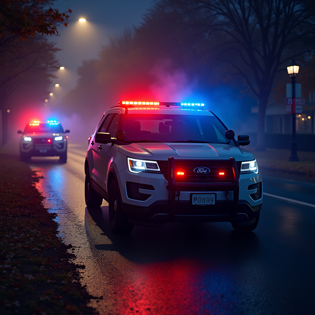 Two police SUVs with flashing red and blue lights drive down a misty, tree-lined street at dusk, creating an atmospheric scene with a glowing wet road.