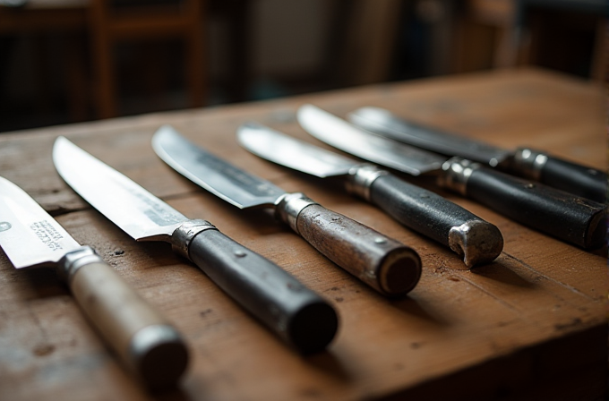 Several kitchen knives are arranged in a row on a wooden surface, each with different handle designs.