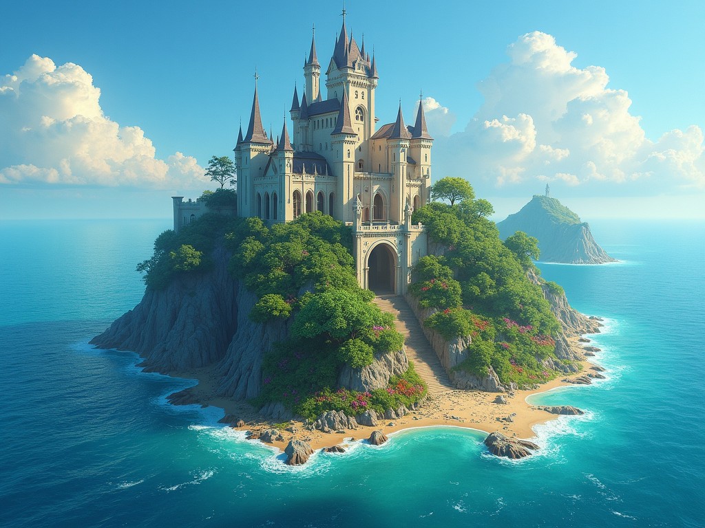 This image depicts a magnificent fantasy castle situated on an enchanting island. The castle is adorned with numerous spires and lush greenery. Surrounding the island is pristine, turquoise water, creating a stunning contrast to the sandy beach. The sky is filled with fluffy white clouds, adding to the dreamlike quality of the scene. Overall, the setting evokes a sense of adventure and wonder.