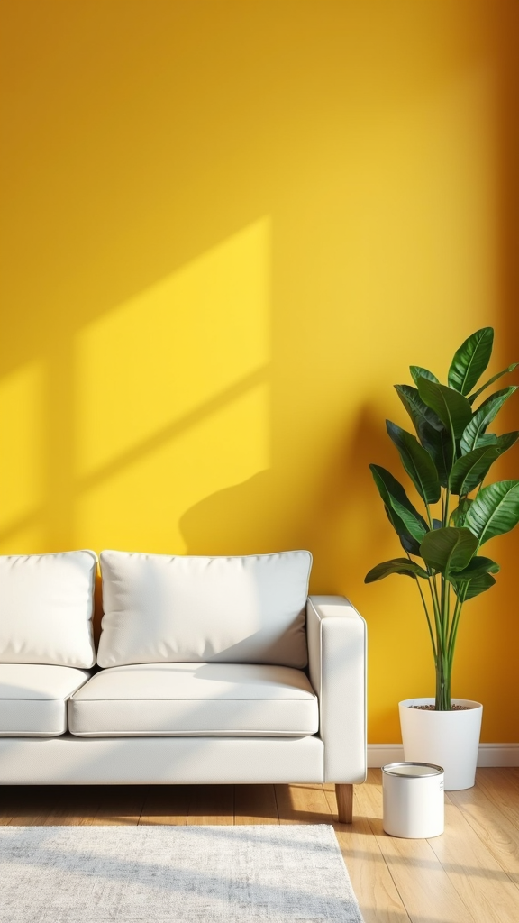 A bright living room features a white sofa against a vibrant yellow wall, with a leafy plant in a white pot and sunlight casting warm shadows.