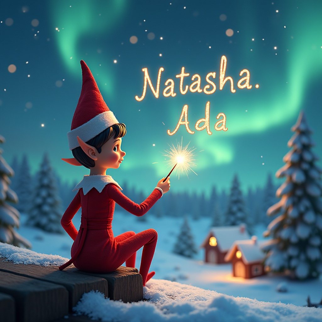 An elf sits on a wooden ledge with its back to the camera, gazing at a magical sky. The elf, dressed in a red outfit with a pointed hat, holds a sparkling wand. With the wand, the elf elegantly writes the names 'Natasha' and 'Ada' in the starry sky. The background features a snowy landscape with charming little houses and evergreen trees under the shimmering Northern Lights. This whimsical scene captures the essence of childhood magic and Christmas cheer.