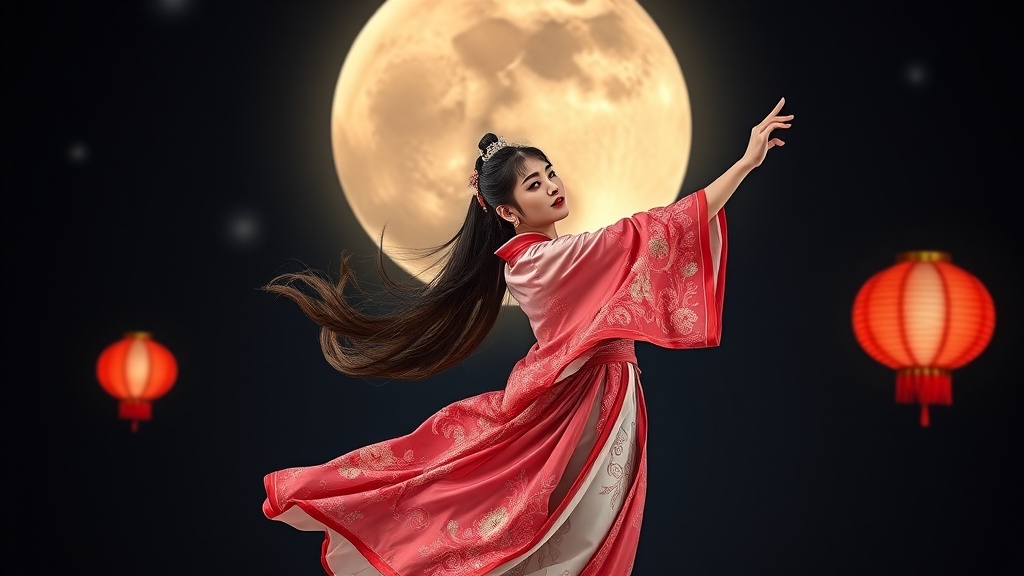 A woman in traditional attire dances elegantly against the backdrop of a full moon and red lanterns.