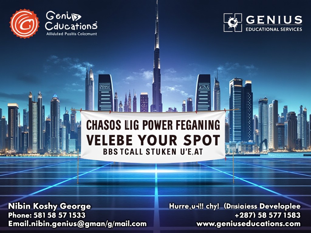 This image features a vibrant cityscape at night, dominated by a prominent skyline and bright lights. A large banner is displayed, urging viewers to 'VELEBE YOUR SPOT' for an educational service. The overall atmosphere suggests excitement and urgency. The backdrop emphasizes modernity and urban life, making it appealing for potential attendees. Contact information for Nibin Koshy George and Genius Educational Services is provided for interested parties. The design effectively combines visual appeal with clear messaging about the educational services being offered.