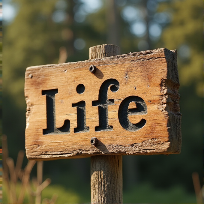 A wooden sign with the word 'Life' carved on it, set against a forest background.