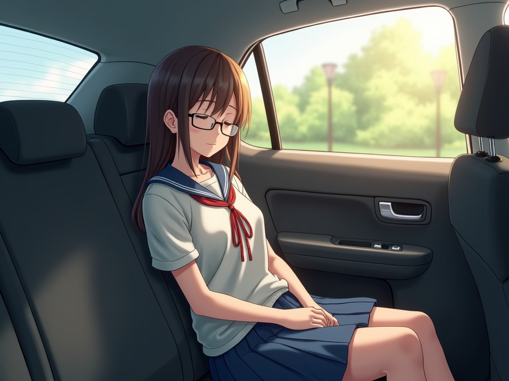 This illustration depicts a young girl sitting quietly in the backseat of a car. Her outfit suggests she is a student, dressed in a school uniform with a blue skirt and a sailor-style top. The girl's expression is serene and introspective as she gazes downwards, possibly lost in thought. Sunlight shines through the car window, casting gentle light and shadow across the interior, while a blurred outdoor scene hints at a park or garden.