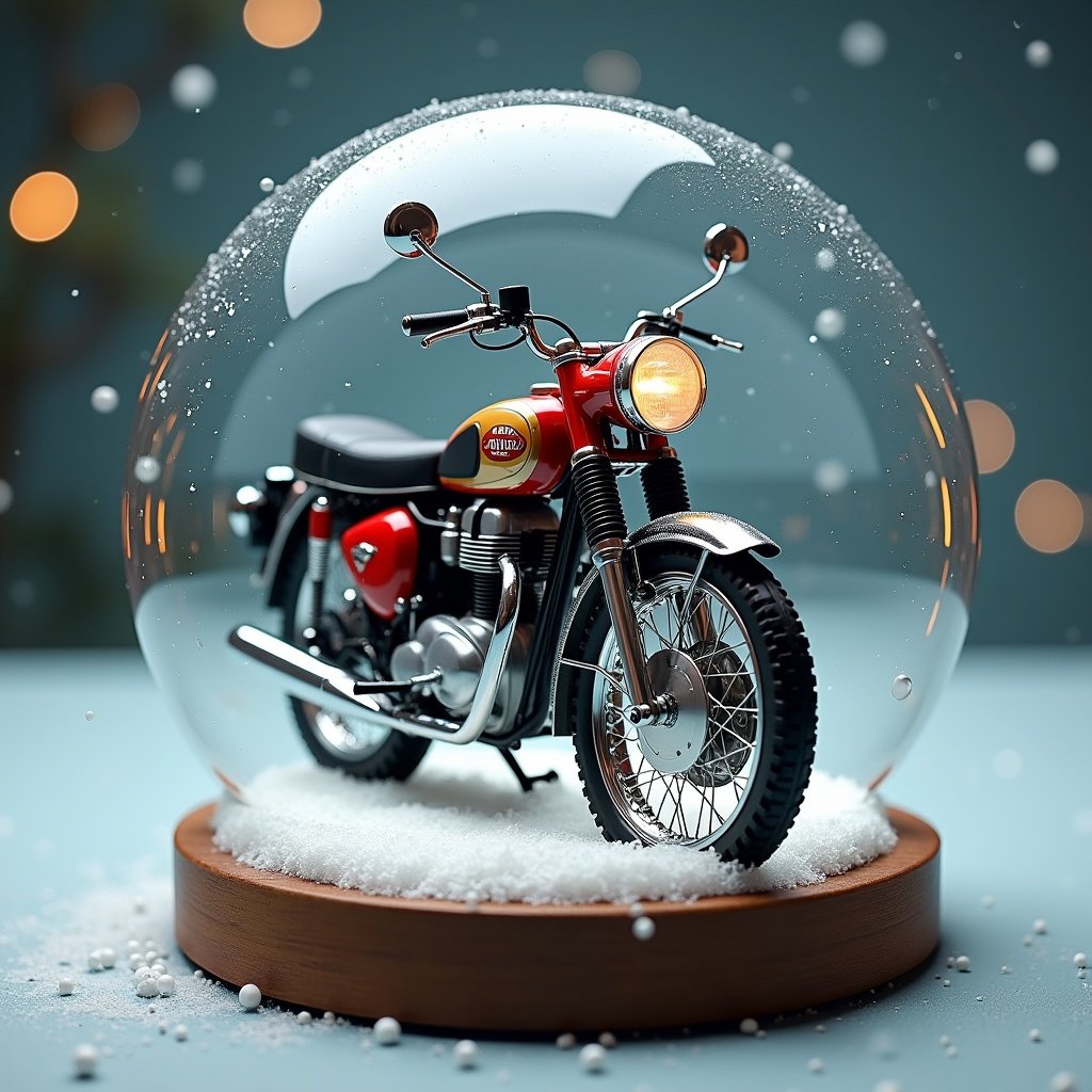 BSA Gold Star 650 motorcycle placed inside a snow globe. Scene features snowflakes and a light background. Focus on the motorcycle and globe. Appealing composition.