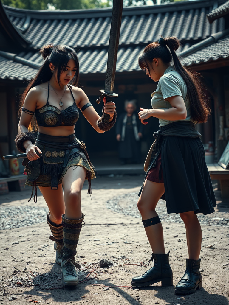 Two women engage in a sword training session in a traditional courtyard, observed by an elder in the background.