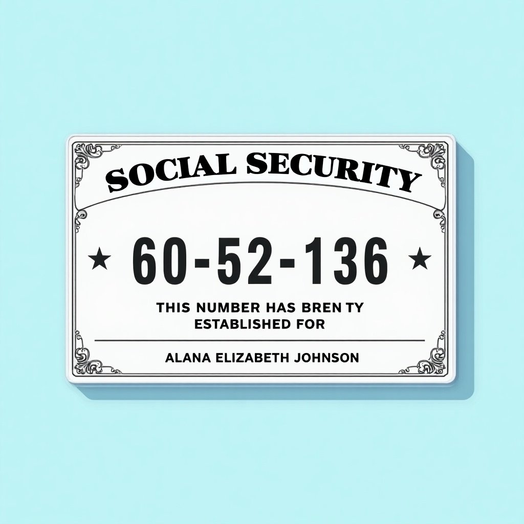 Depiction of a generic social security card with text 'SOCIAL SECURITY' at the top. Key numbers displayed are '603-52-1336'. Fine text reads 'THIS NUMBER HAS BEEN ESTABLISHED FOR'. Below is 'ALANA ELIZABETH JOHNSON'. Center aligned text with decorative elements. Background is soft blue color enhancing visual appeal. Clean and professional design representing importance of social security identification.