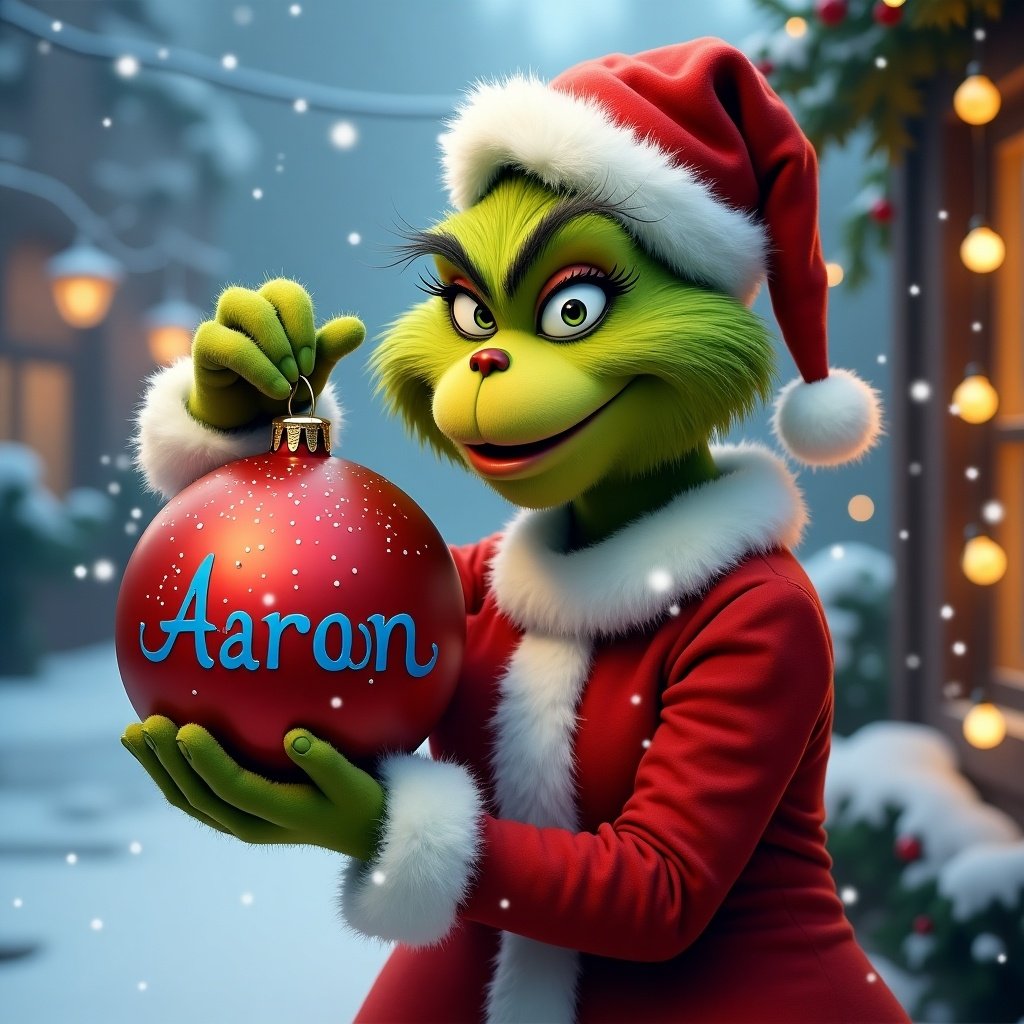 A Grinch character dressed in a Santa suit holds a red Christmas ornament. The ornament has the name Aaron written in blue. The setting is festive and cheerful with a snowy background and Christmas lights.