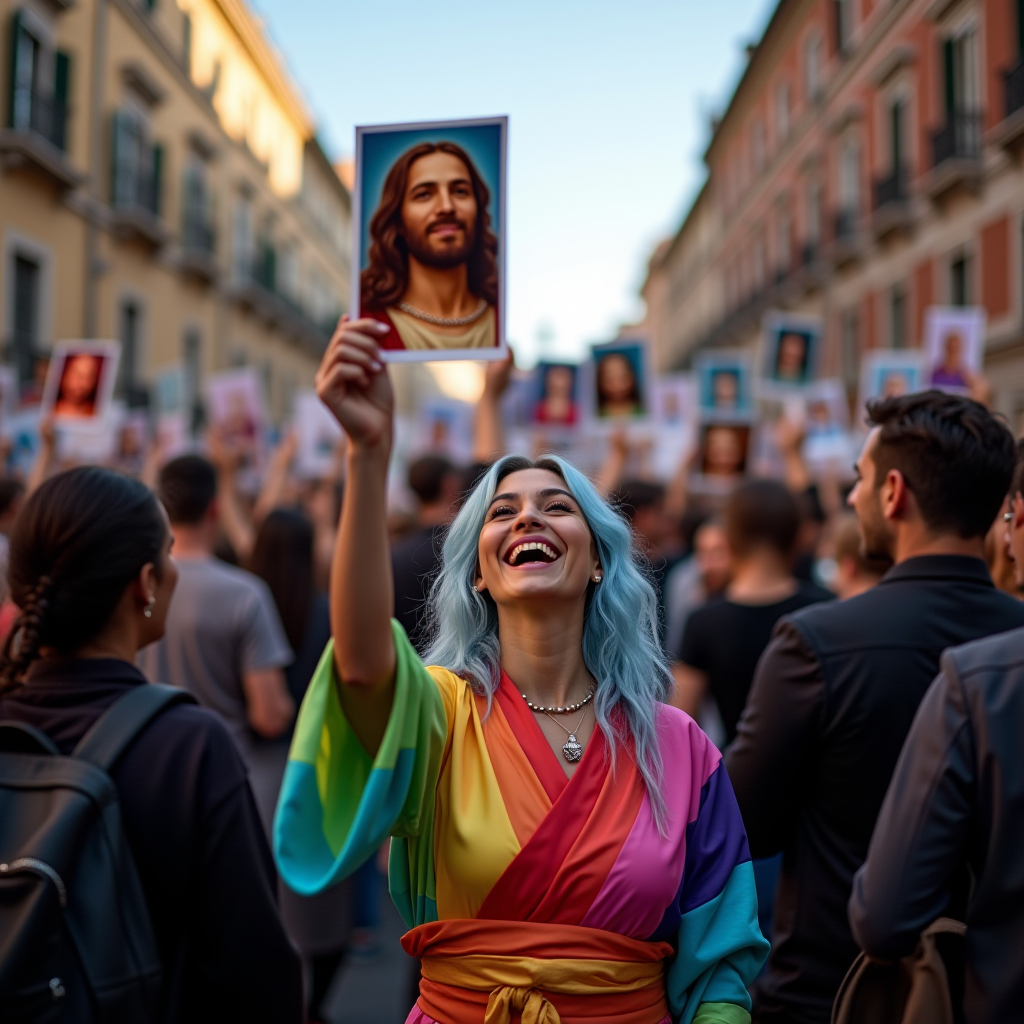 A joyful person in a vibrant robe holds a picture of a bearded man amidst a crowd on a city street.