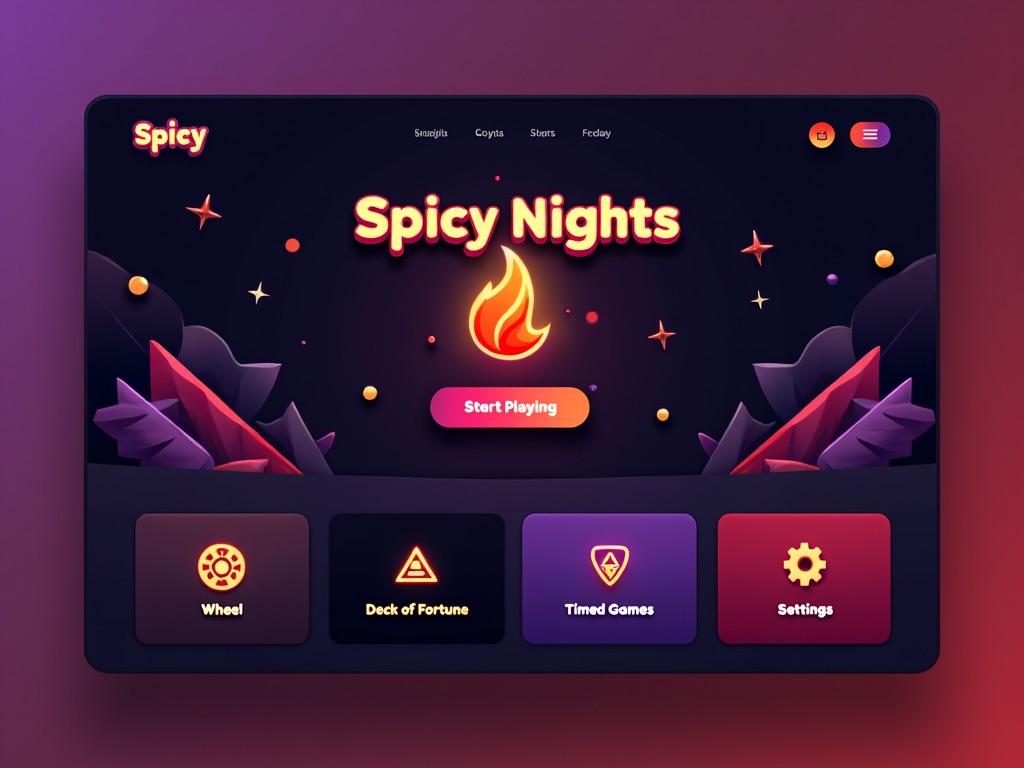 This image showcases an interactive web app UI titled 'Spicy Nights'. It features a vibrant background in shades of purple, black, fluoro pink, and dark red. The title is prominently displayed at the top in a playful font. In the center, there’s a 'Start Playing' button highlighted by a stylized flame icon. Below, minimalist icons represent different game options, including a Wheel of Fortune, Deck of Cards, Timed Games, and Settings. The overall design is clean, engaging, and intuitive for users. The combination of colors and geometric shapes creates an inviting atmosphere for gaming enthusiasts.