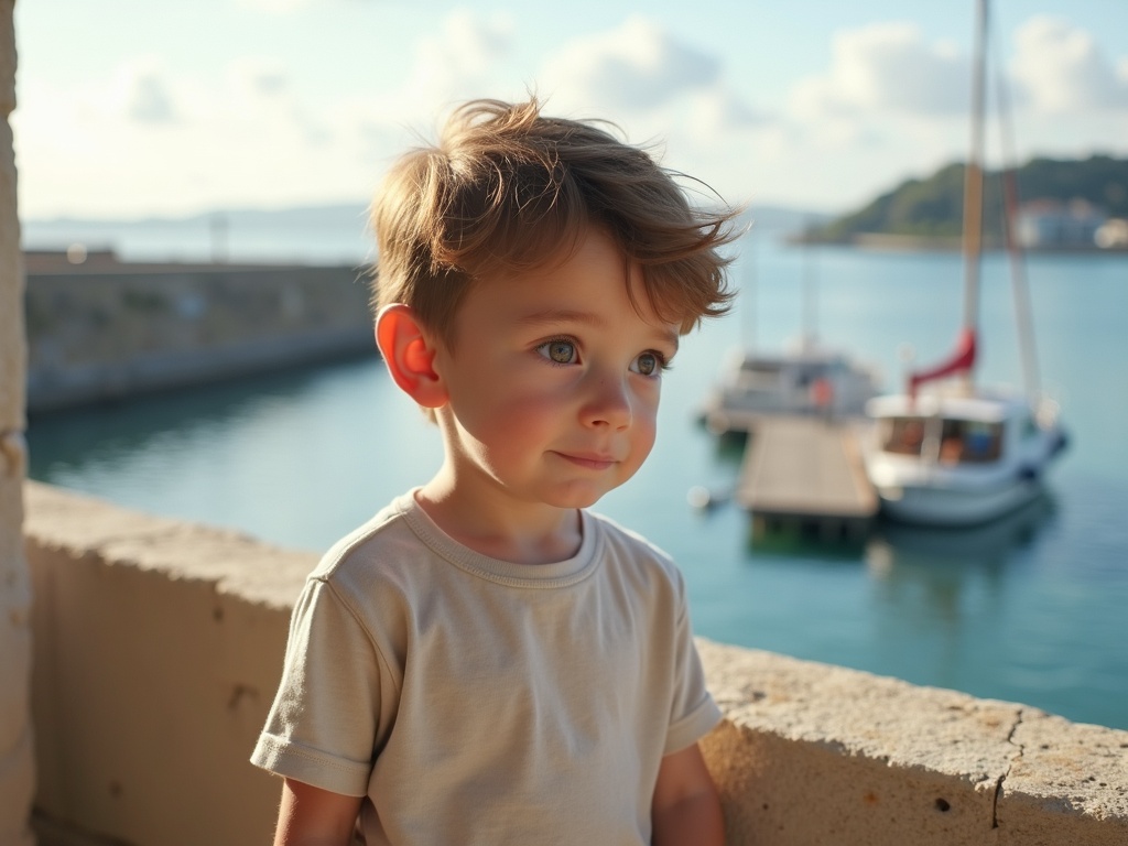 A young boy stands on a balcony. He wears a long T-Shirt. He has short light brown tousled hair. His expression is shy and sweet. The background shows a sunny harbor in Normandy. The scene feels peaceful and quiet.