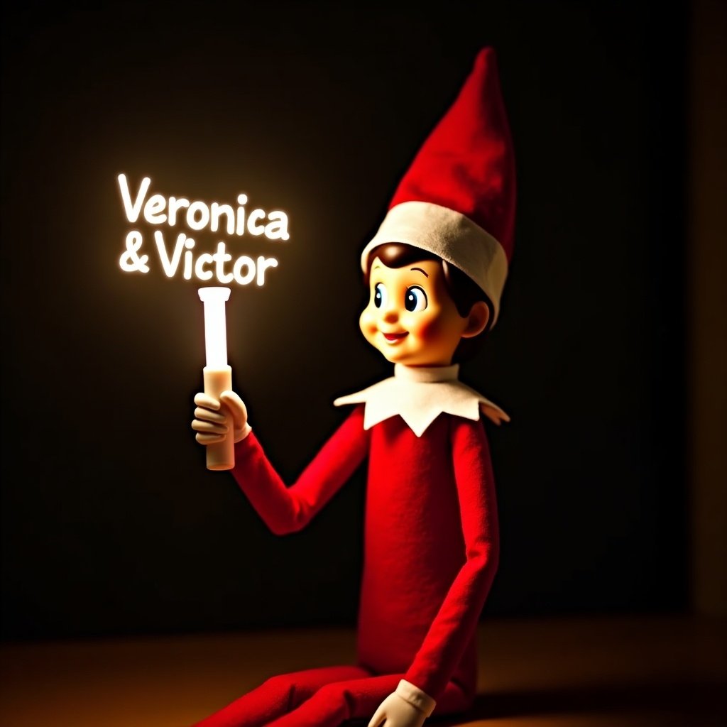 Elf on the Shelf character in red and white attire. Elf holds glow stick spelling 'Veronica & Victor'. Dark background enhances glow. Festive holiday scene evokes joy and cheer. Represents Christmas traditions.