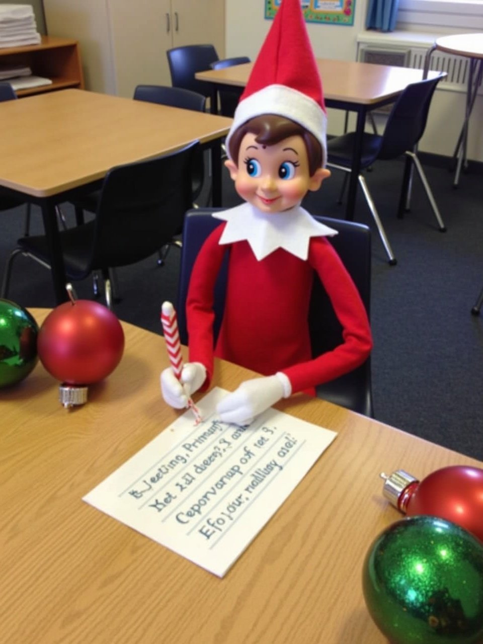 An elf sits at a wooden table in a classroom writing a note. The elf is in a red outfit with a pointed hat. The elf holds a candy cane. The note says 'Greetings Primary 3! Elf here, reporting for duty!' Decorations include Christmas baubles. The scene captures childhood magic and Christmas cheer in the classroom.