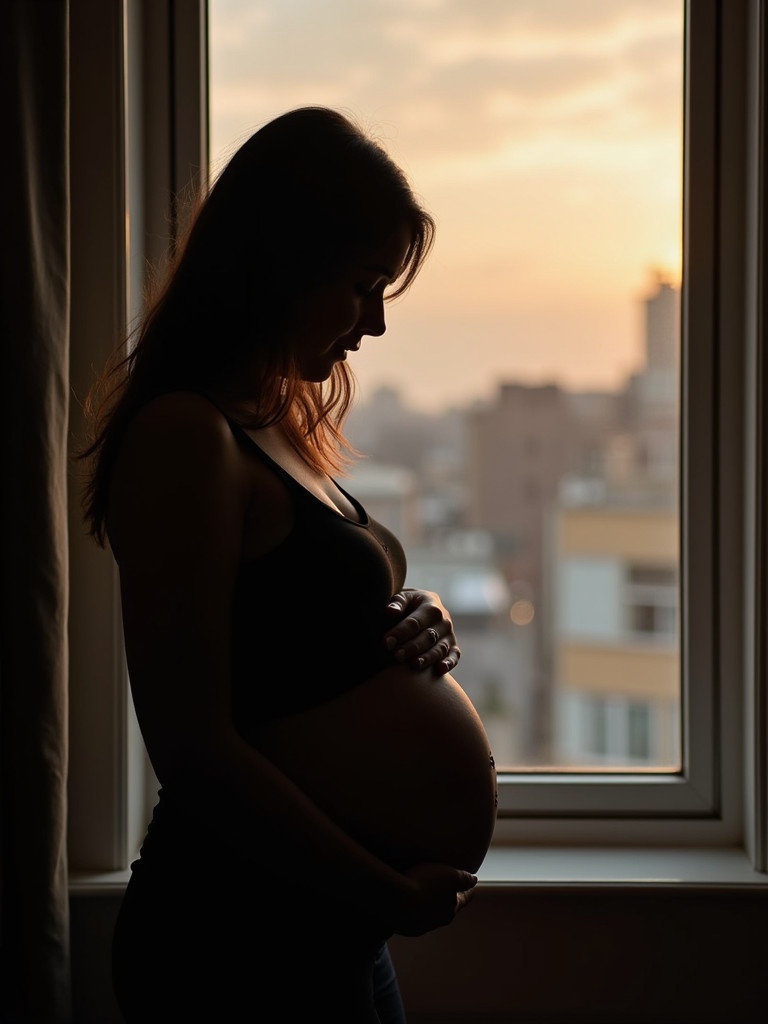 Silhouette of a pregnant woman stands by a window. Woman holds her belly. Background shows a sunset sky and cityscape. Image captures a serene and intimate moment.