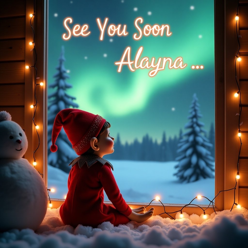 The image features an adorable elf observing a snowy landscape through a window. The elf is dressed in a traditional red outfit and hat. Above the elf, the phrase 'See You Soon Alayna' lights up in a beautiful font. Outside, the mesmerizing northern lights illuminate the night sky. Twinkling lights around the elf enhance the cozy atmosphere of the setting. The surrounding snow adds a magical wintery charm that captures the spirit of the holiday season.